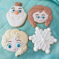 Frozen themed 6cm iced birthday cookies featuring Olaf, Anna, Elsa, and snowflake