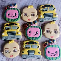 9cm Cocomelon themed iced cookies featuring watermelon slices and character designs
