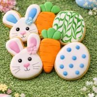 Adorable 10cm joined Easter iced cookies featuring bunny faces, carrots, and decorated eggs on spring grass