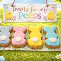 Adorable set of four pastel bunny-shaped iced cookies in blue, pink, yellow, and turquoise with fluffy tails under Treats for my Peeps sign