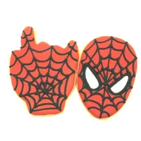 9cm Spiderman mask shaped iced cookies with red base and black web icing details